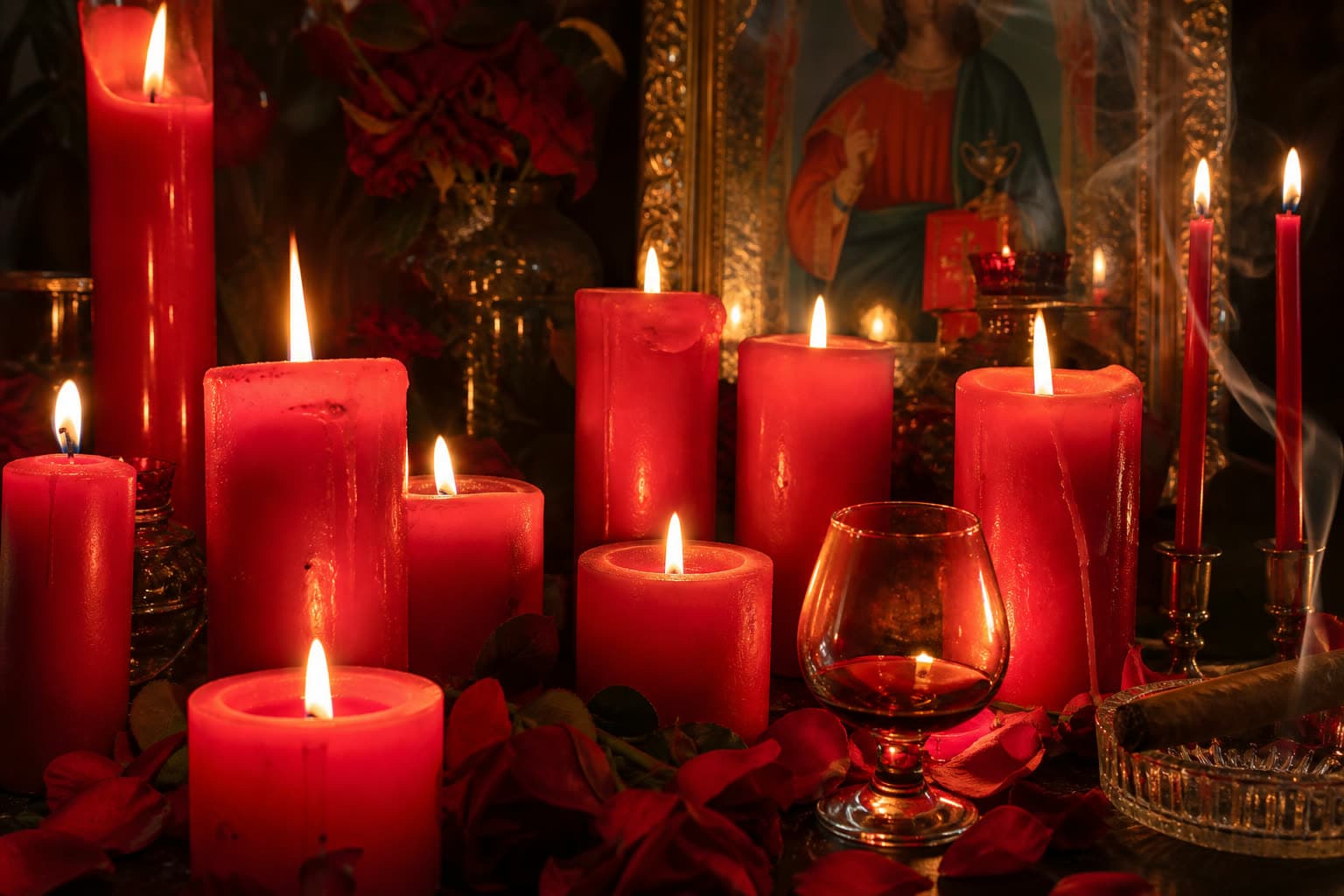 Detalle de altar — velas rojas y elementos de limpia espiritual