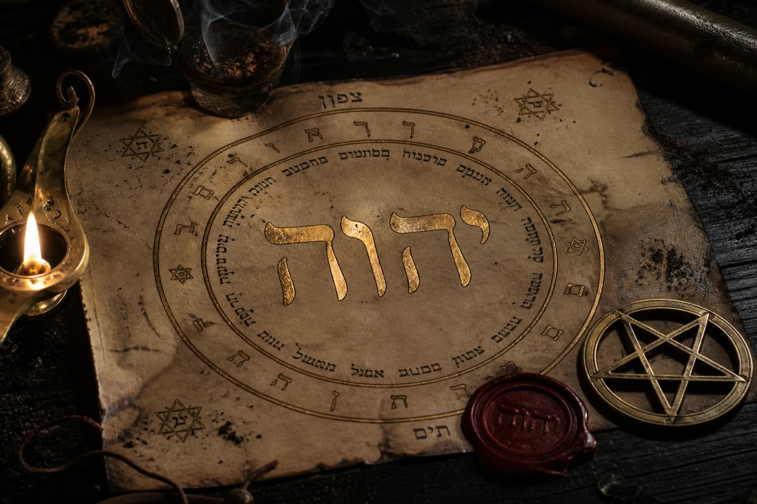 Tetragrámaton יהוה en pergamino, lámpara y sello de cera