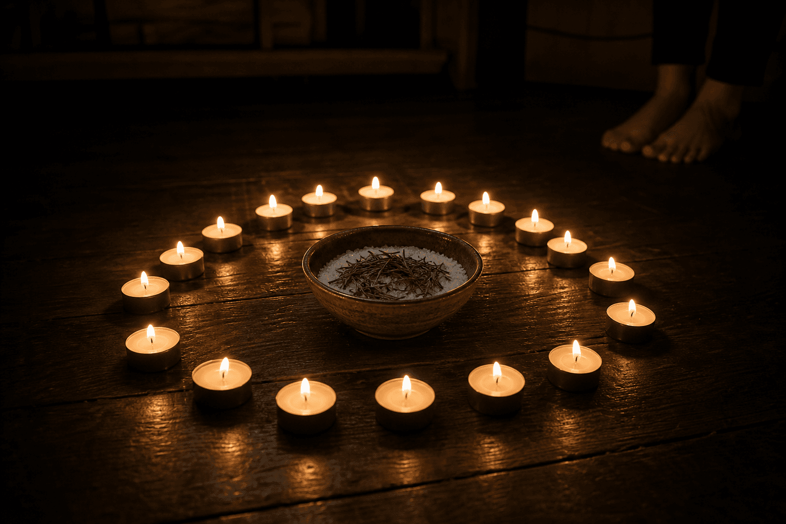 Círculo de velas con sal y romero en el centro