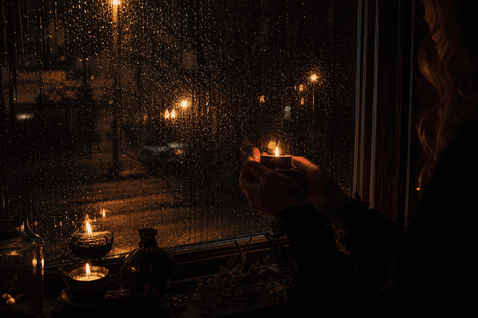Noche de lluvia: velas reflejadas en la ventana